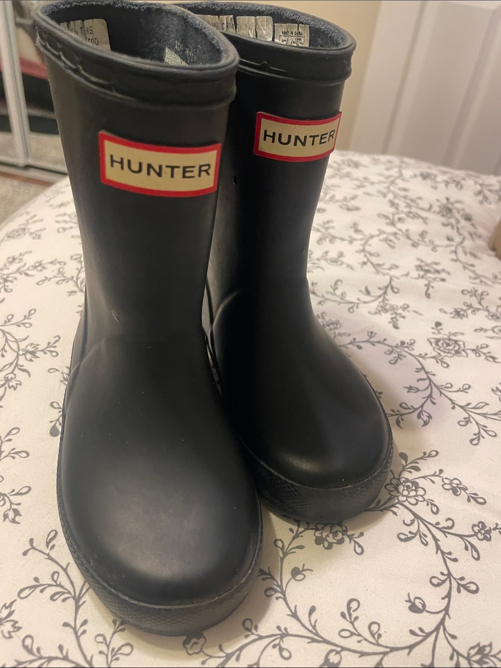 Hunter Kids Black Rain Boots with Red Logo Accent